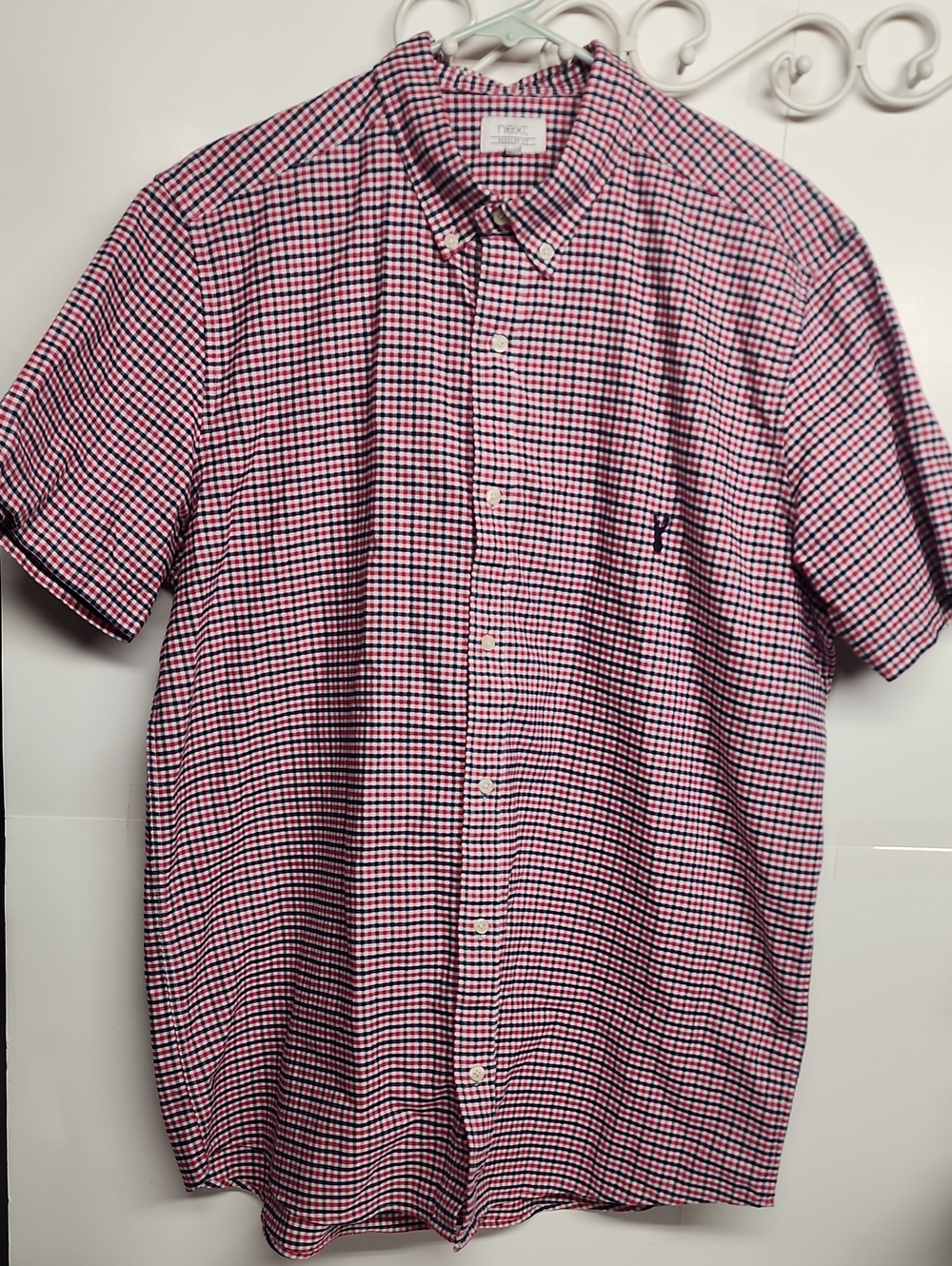 Next Men's Short Sleeve Button-Down 100% Cotton Shirt in Red and Navy Check XL
